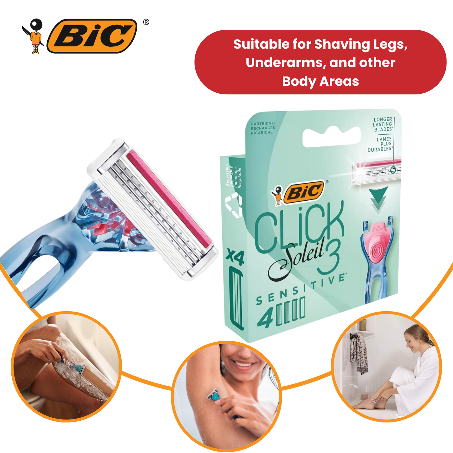 BIC Click 3 Soleil Sensitive Women's Razor Refills - 1 Box of 4 Blades