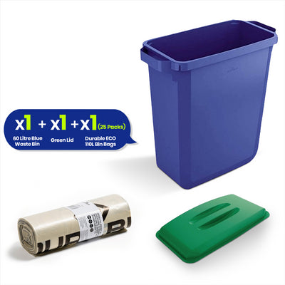 DURABIN 60L Blue Bin Set & Green Lid and 25x 110L Recycled Bin Bags