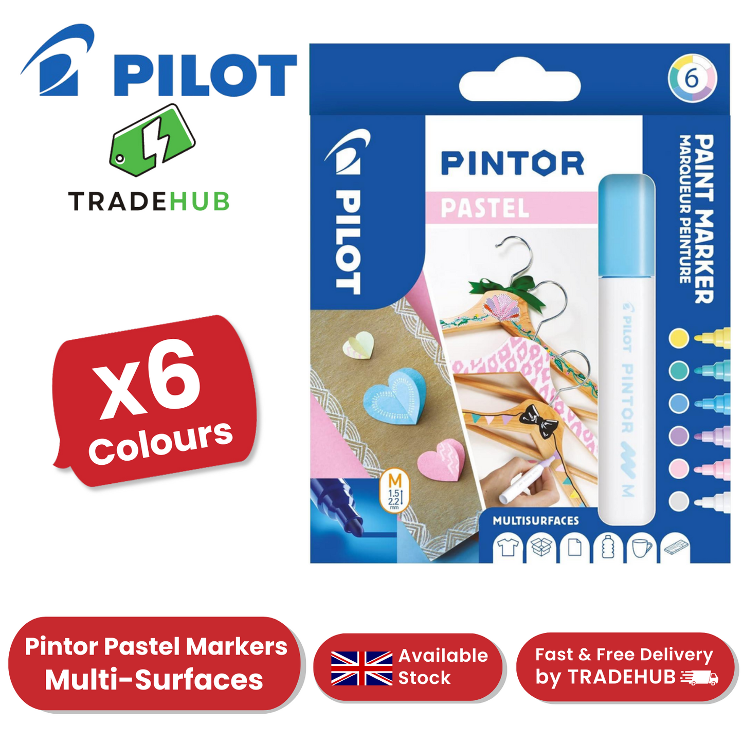 Pilot Pintor - Pastel - Wallet of 6 - Medium Blue,Yellow,Violet,Green,Pink,White