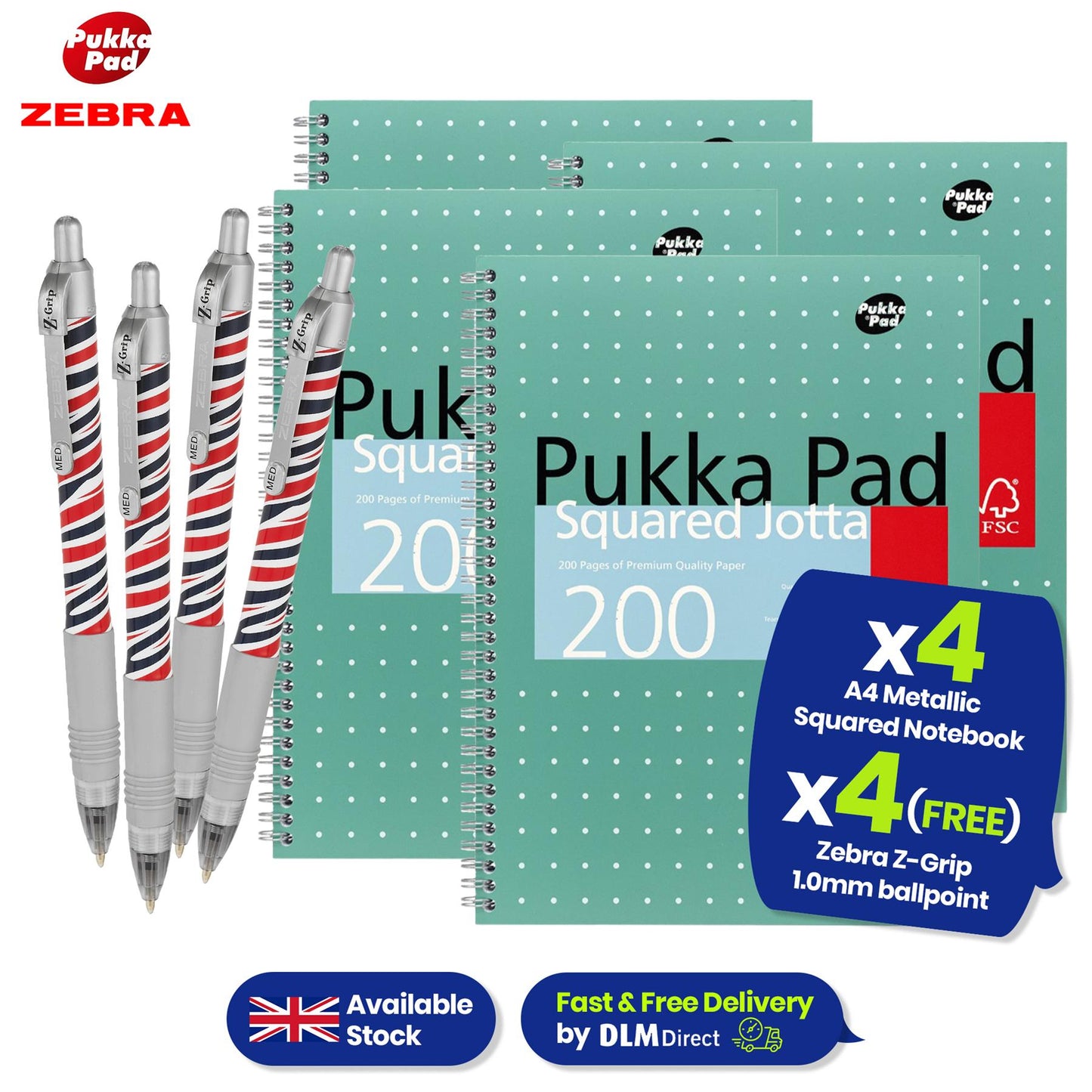 Pukka Pad A4 Metallic Squared 200 Page Notebook with Free Zebra Ballpoint