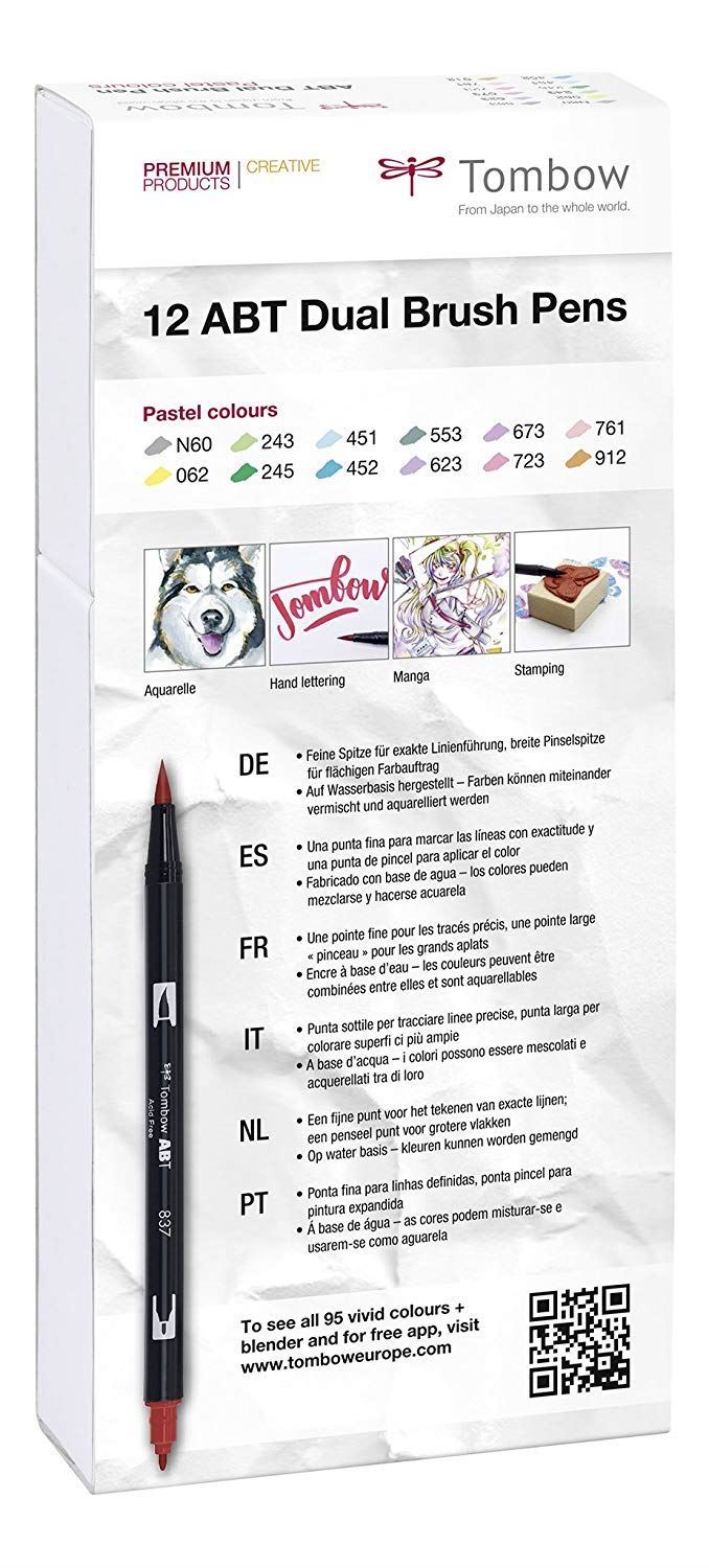 Tombow ABT Dual Brush Pen 2 tips Pastel Colours Pack of 12