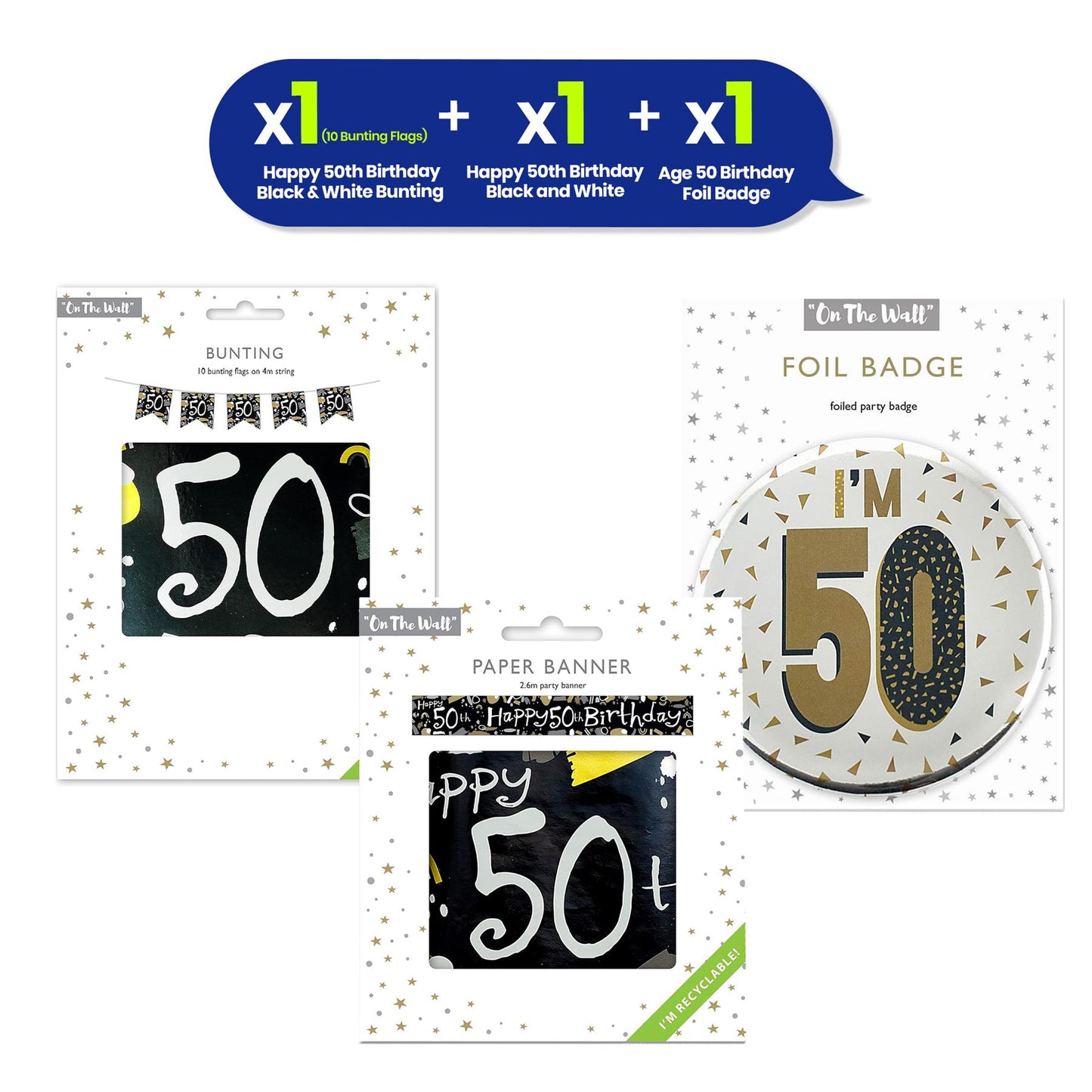 50th Birthday Decoration Set Silver Badge Black and White Banner and Bunting