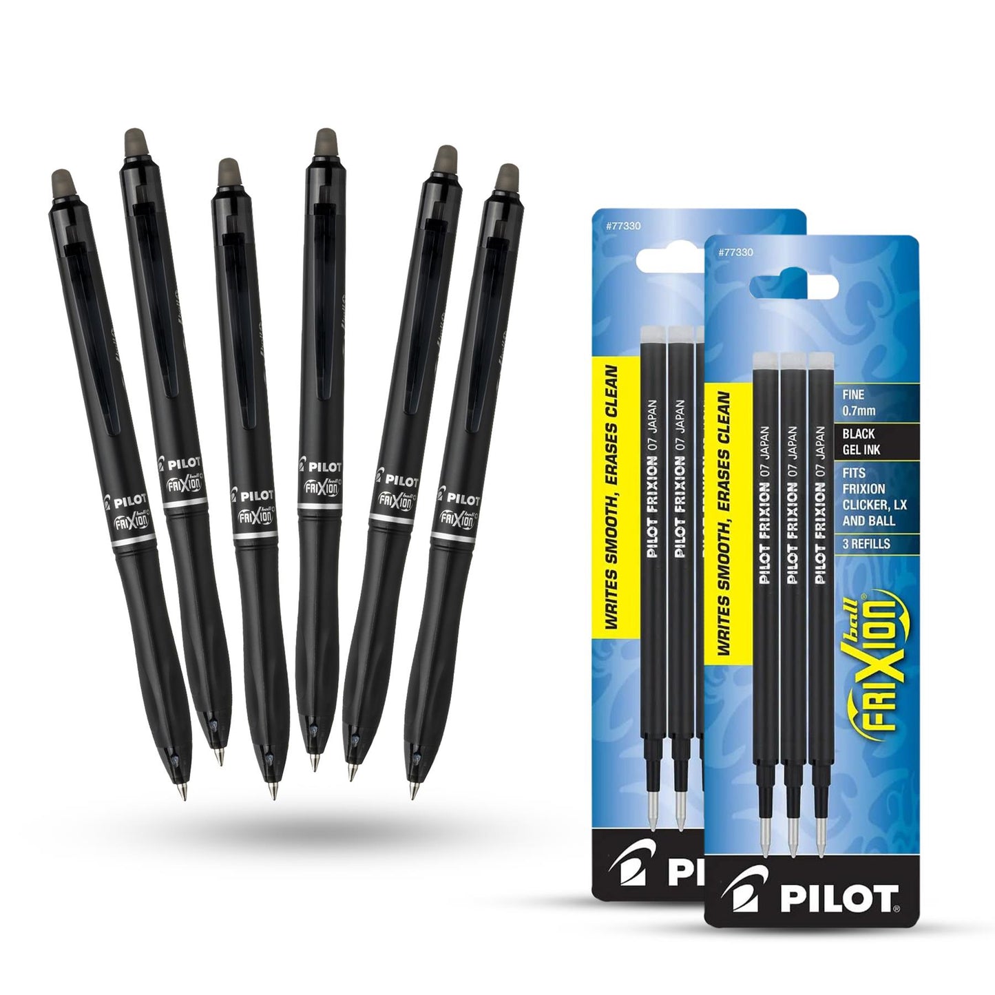 Pilot Frixion Ball Plus - Black - Pack of 6 + 2 Packs of 3 Refills