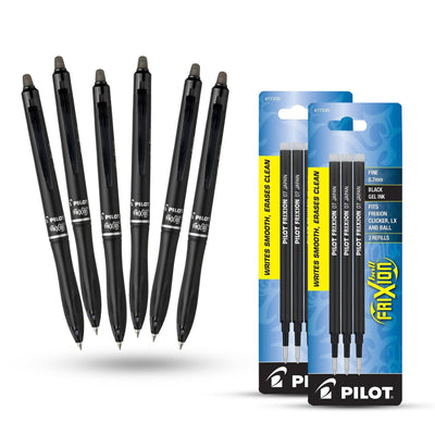 Pilot Frixion Ball Plus - Black - Pack of 6 + 2 Packs of 3 Refills