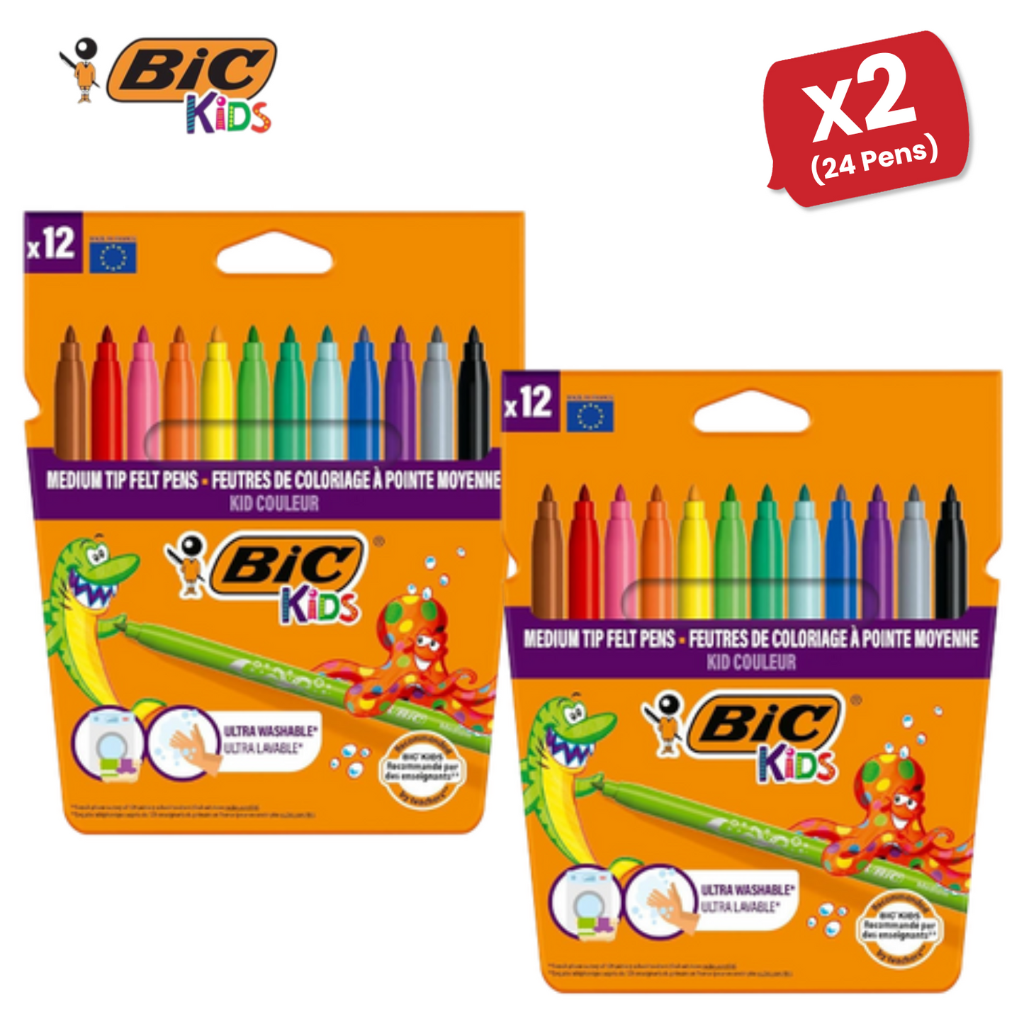 BIC Kids Kid Couleur Felt Medium Blocked Tip Colouring Pens - Pack of 12