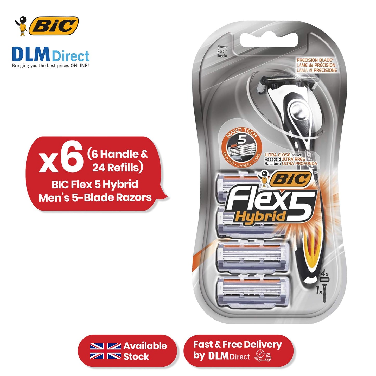 BIC Flex 5 Hybrid, Men's 5-Blade Razors, Precision Blade for Accuracy, Pack with 1 Handle and 4 Refills