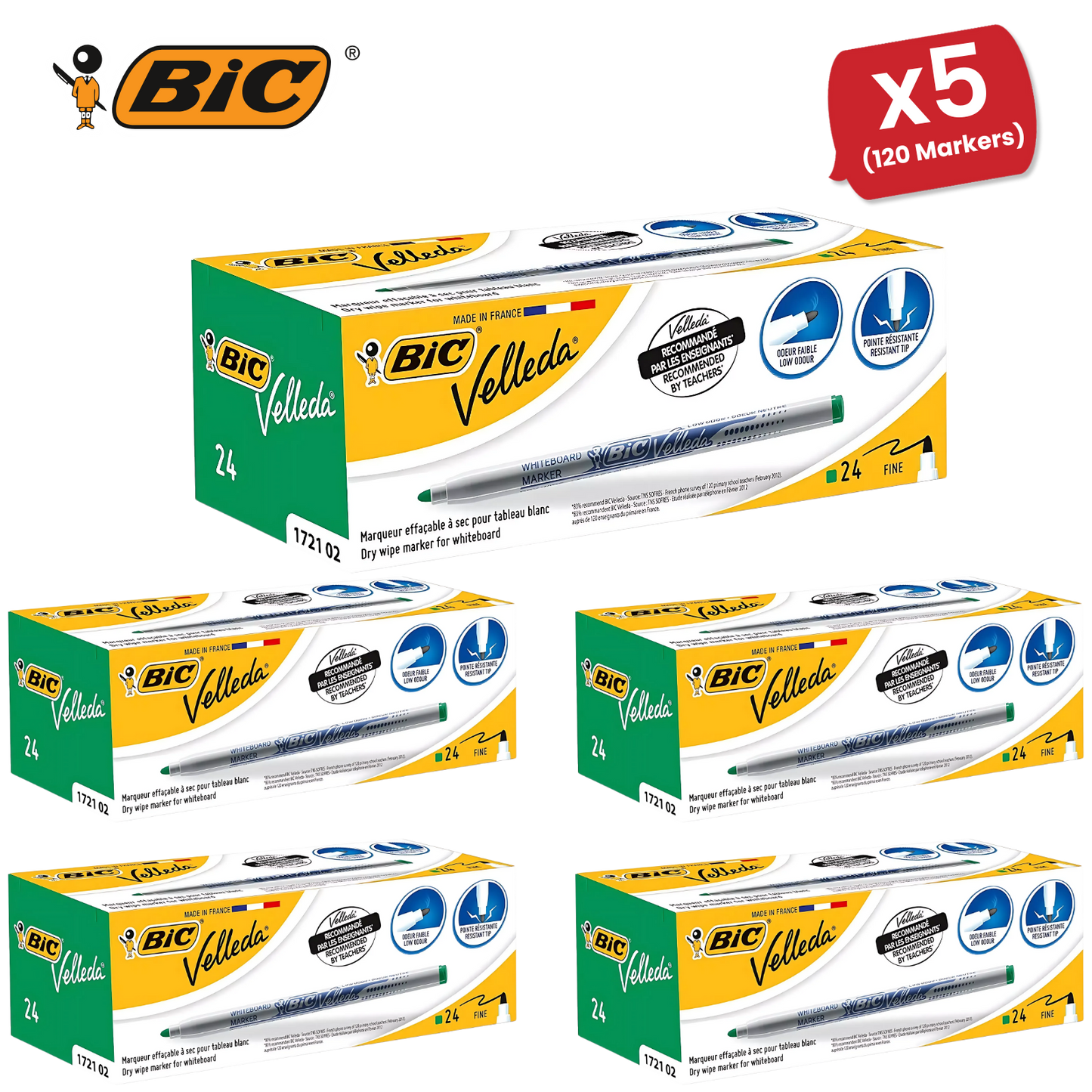 BiC Velleda 1721 Green Dry-Wipe Whiteboard Markers for Bold, Clean Writing, x24