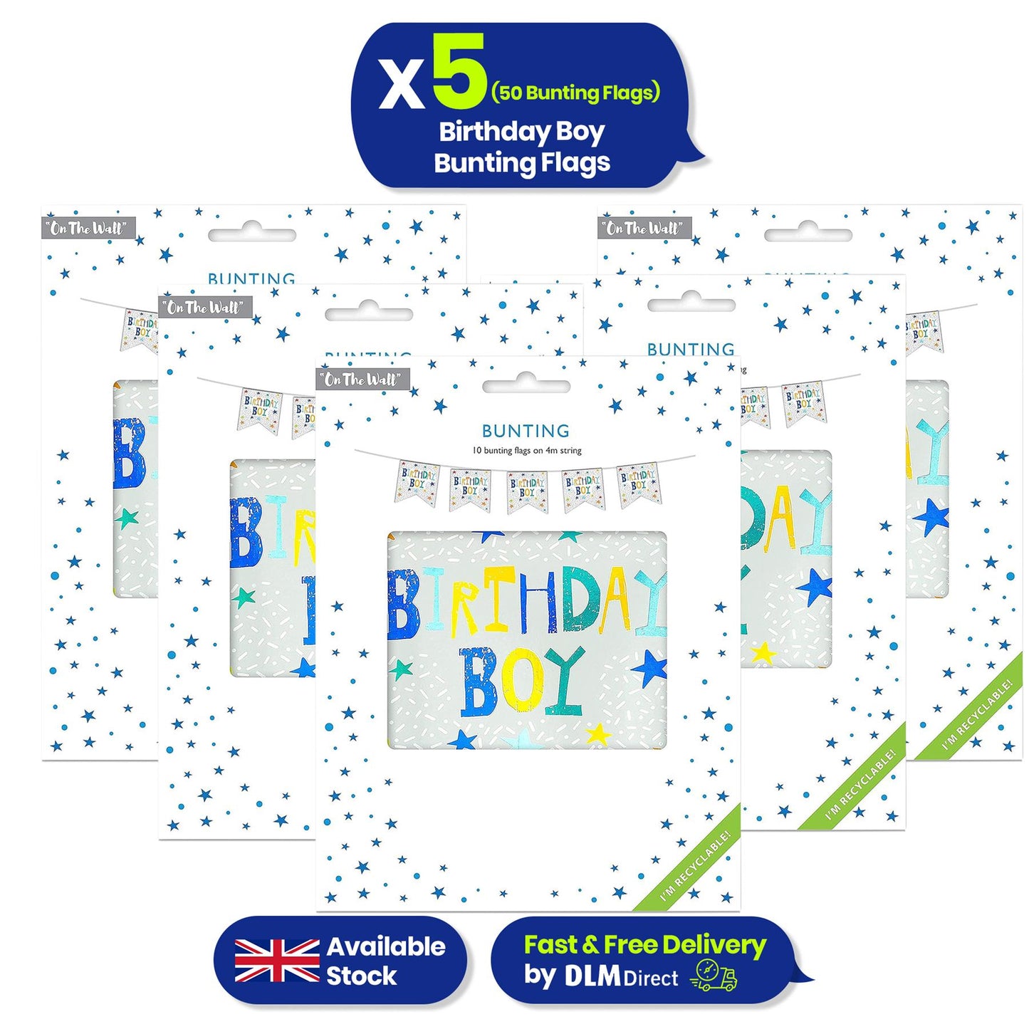 On The Wall Birthday Boy Bunting 4m with 10 Flags, Blue Reusable Party