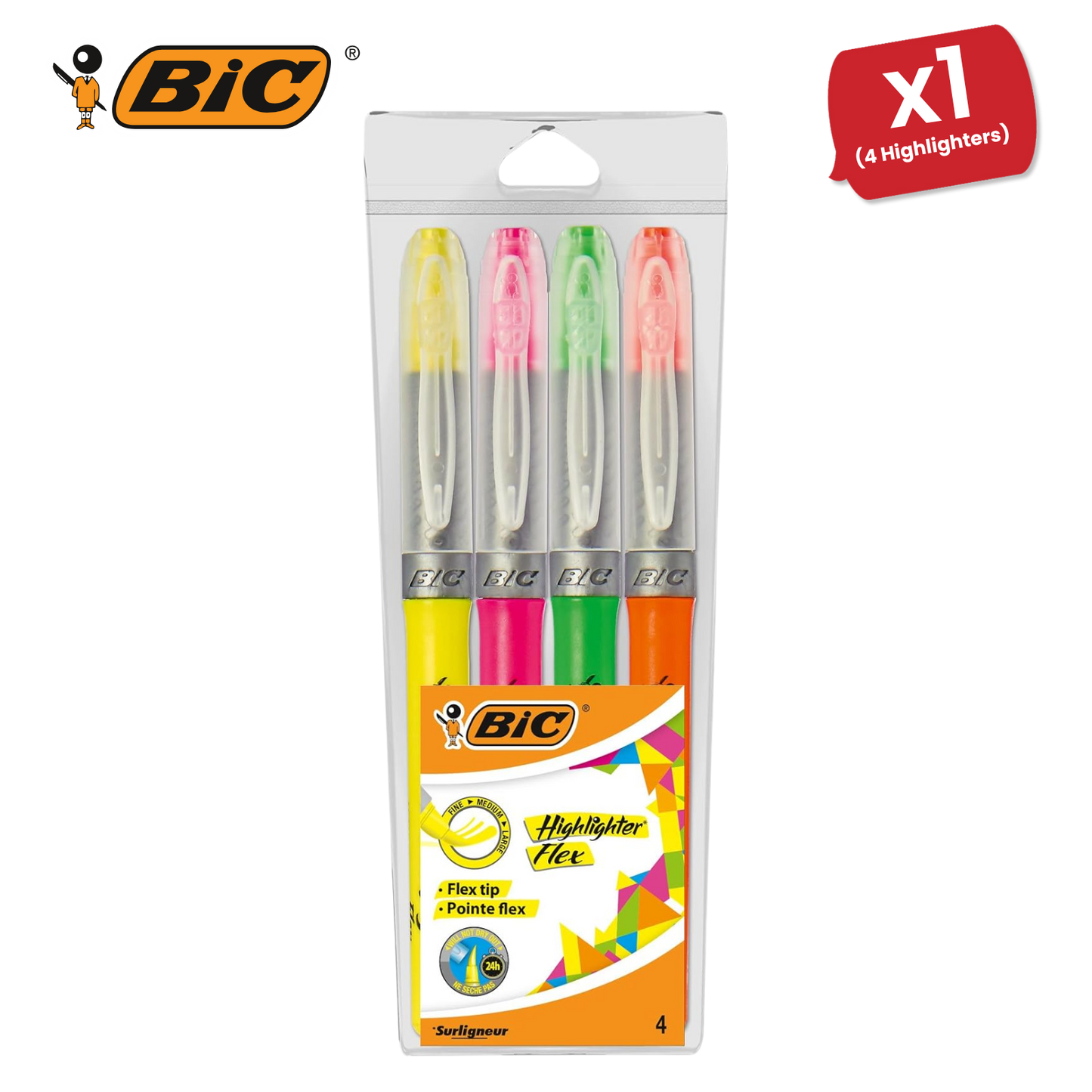 BIC Flex Assorted Fluorescent Highlighters - Pack of 4