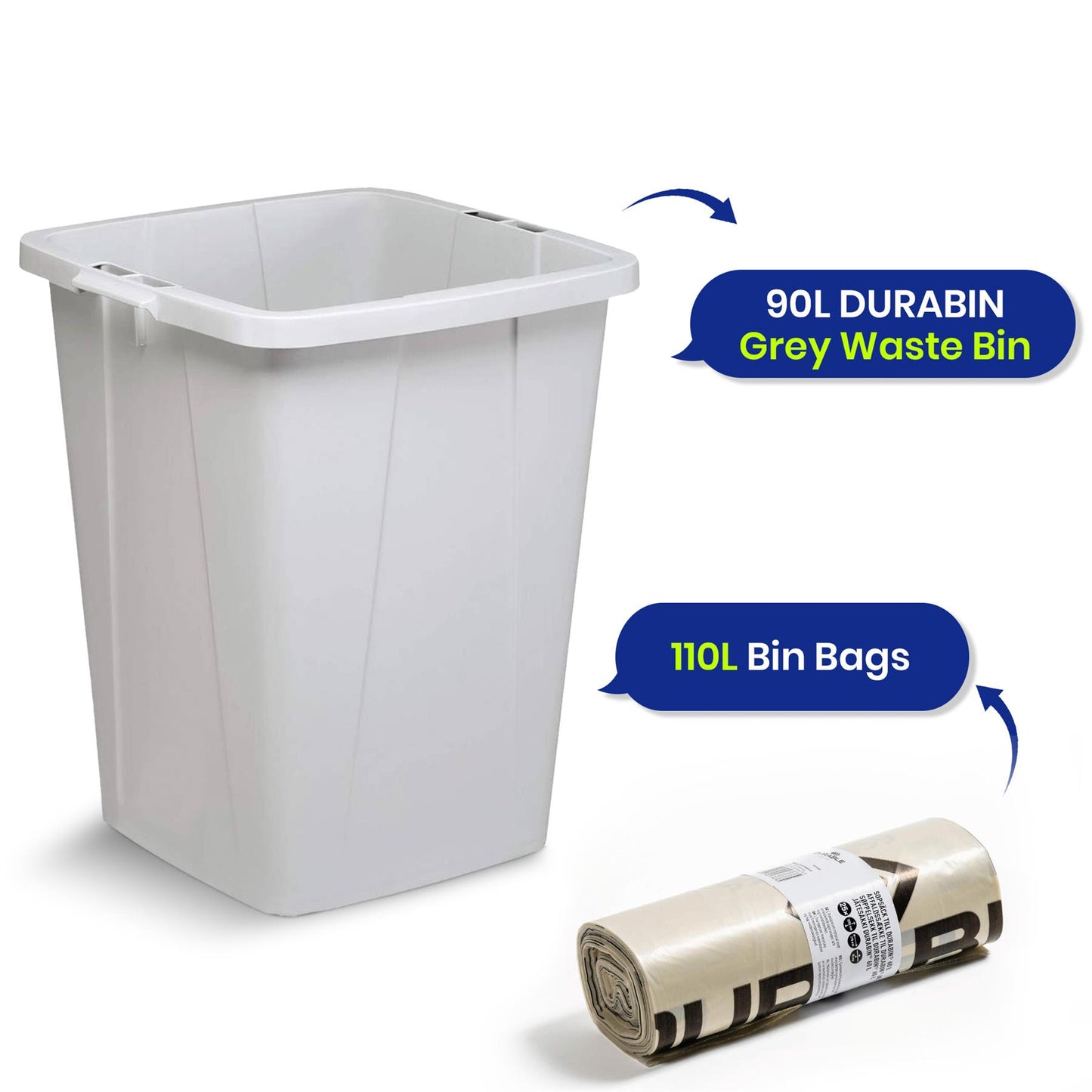 110L Bin Bags 25 Pack and 90L DURABIN Grey Waste Bin Bundle Strong Recycled Plastic Set