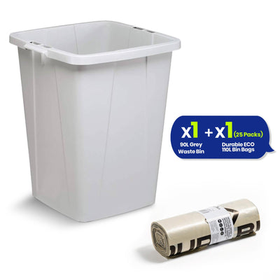 110L Bin Bags 25 Pack and 90L DURABIN Grey Waste Bin Bundle Strong Recycled Plastic Set