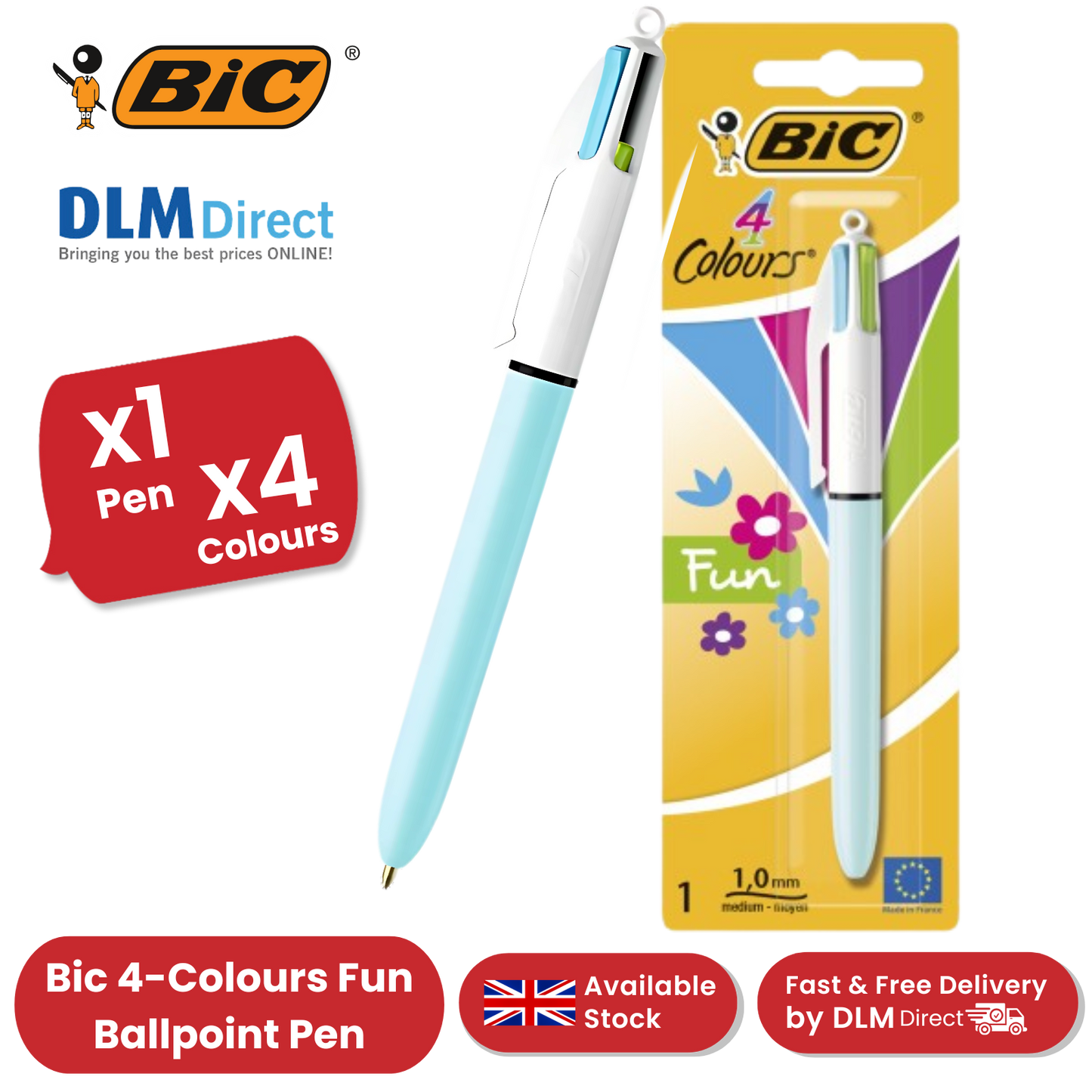 BIC 4 Colours Fun Ballpoint Pen Assorted Inks for Writing and Drawing