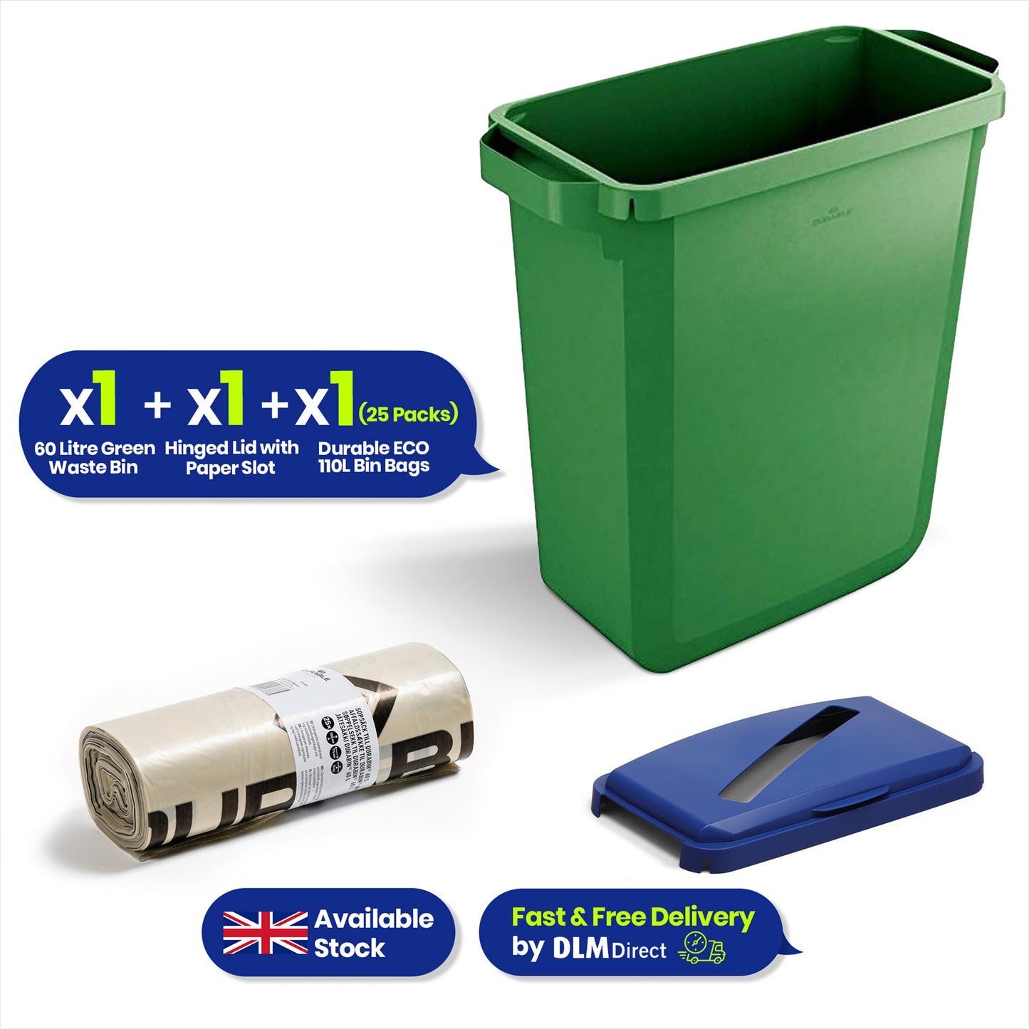 Durable DURABIN 60 Green+ Durable DURABIN 60 Hinged Lid with Paper Slot - Blue+ Durable ECO 110L Bin Bags 100% Recycled