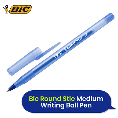 Bic Round Stic Medium Writing Ball Pen - BLUE - PACK OF 8