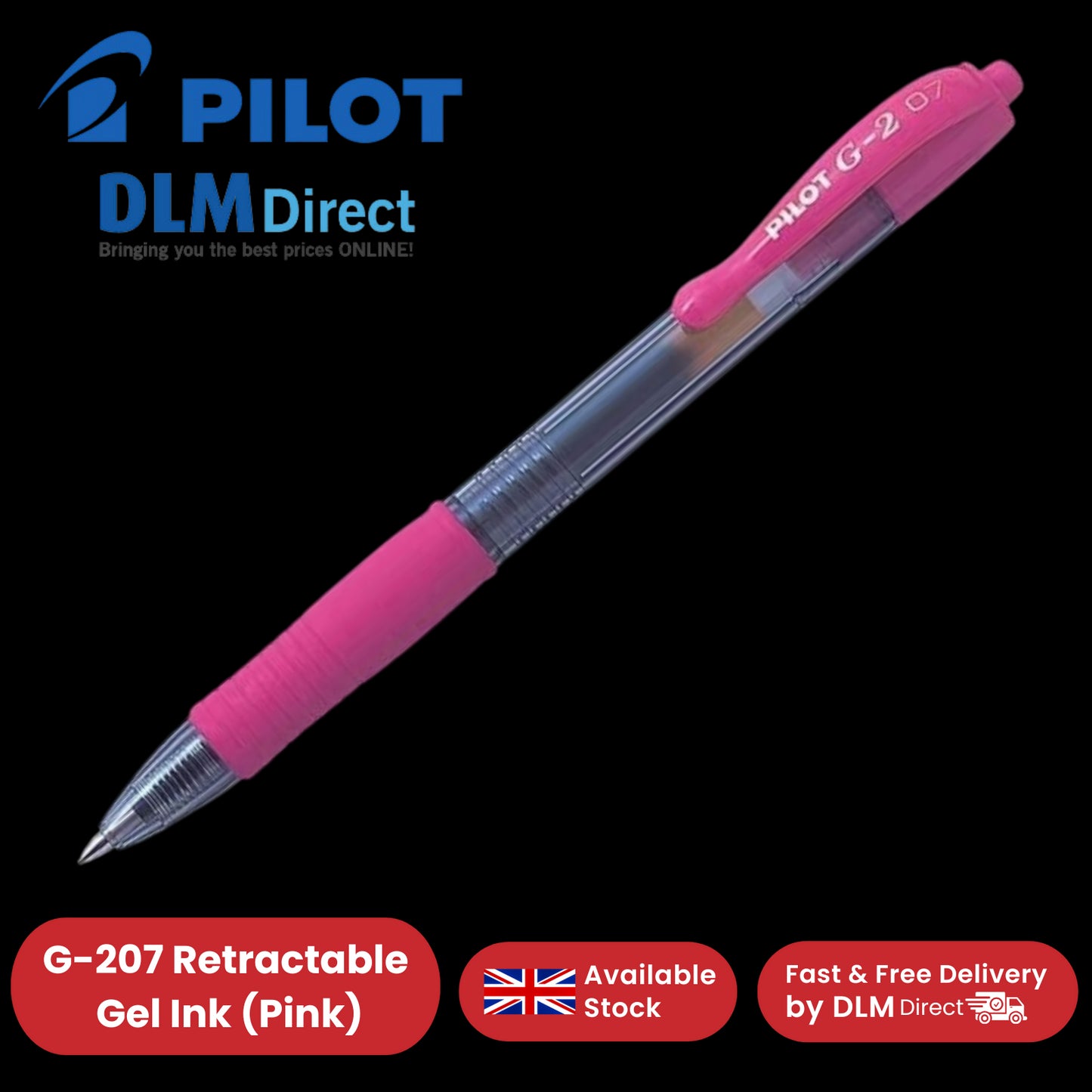 Pilot G-207 Gel Pens Retractable Rollerball Refillable Ergonomic Grip Pink Ink