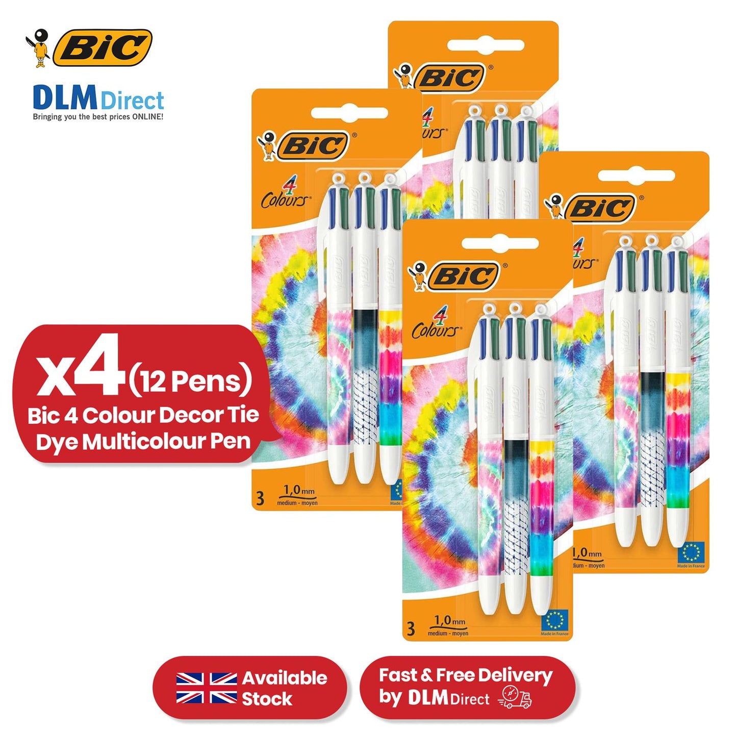 BIC 4 Colour Tie Dye Ballpoint Pens - Retractable Coloured Ballpoint Pens for Projects