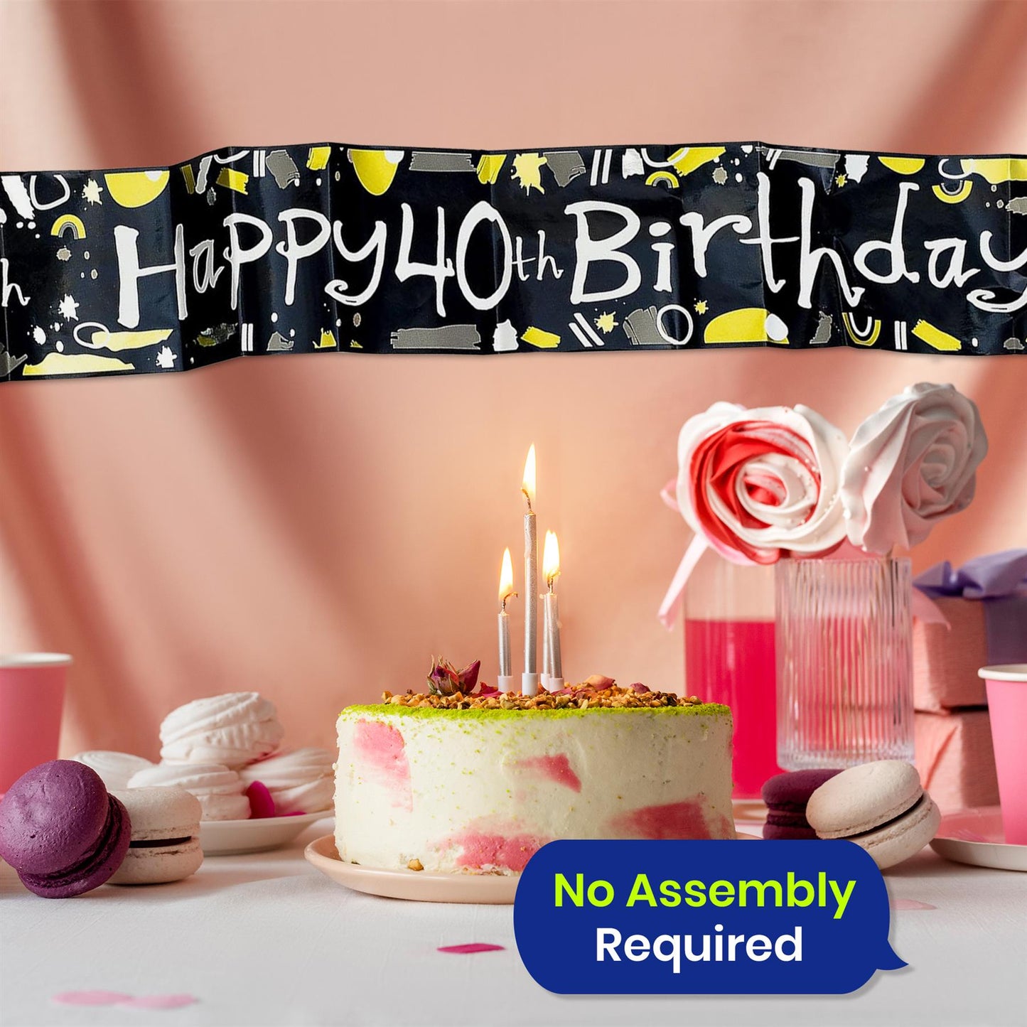 Happy 40th Birthday Black and White Banner 2.6m Party Decor for Milestone Celebration