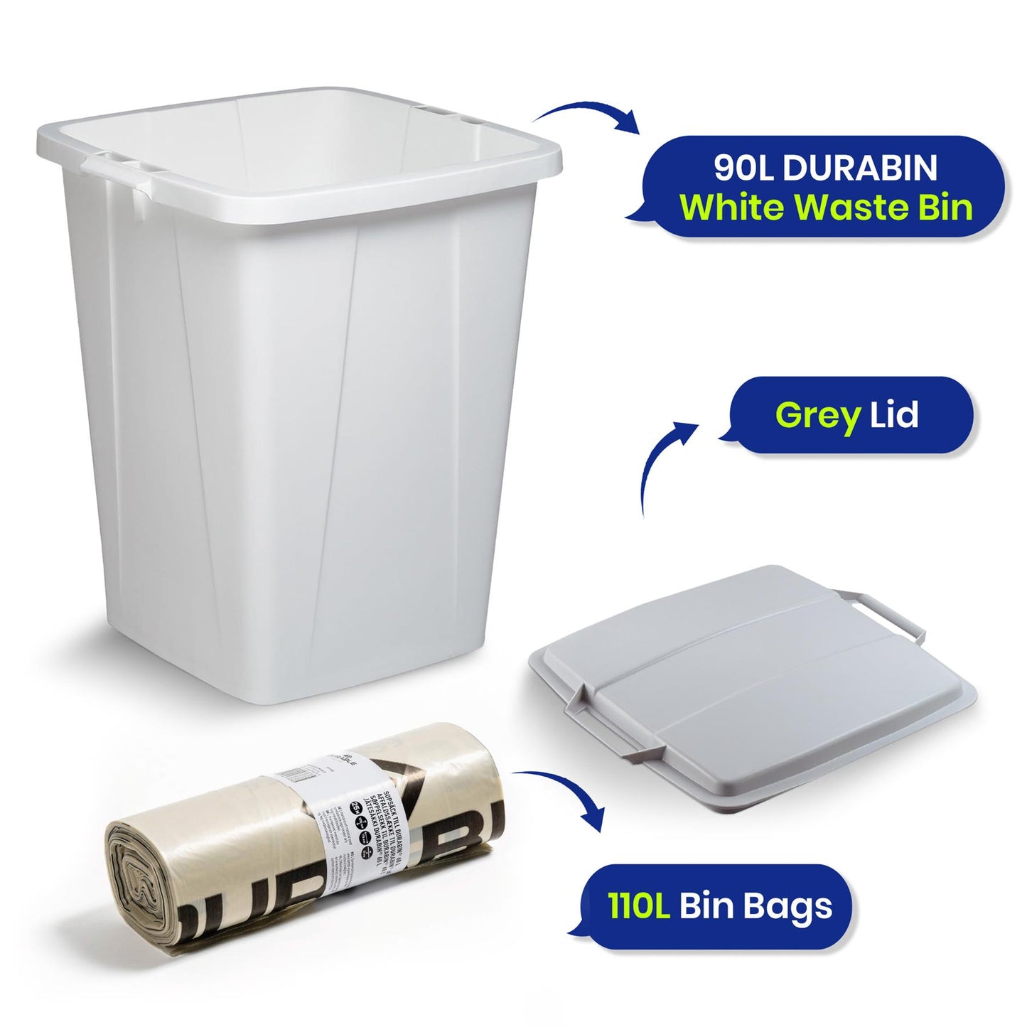 DURABIN 90L White Bin Set with Grey Lid and Strong 110L Bin Bags