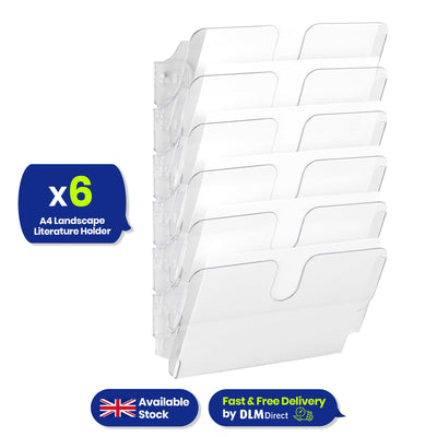 A4 Landscape Wall Mounted Document Holder with 6 Compartments for Flyers & Magazines