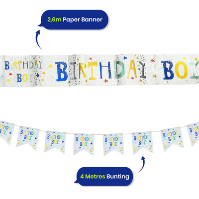Birthday Boy Banner and Bunting Set Party Decor Pack with 10 Flags and Paper Strip