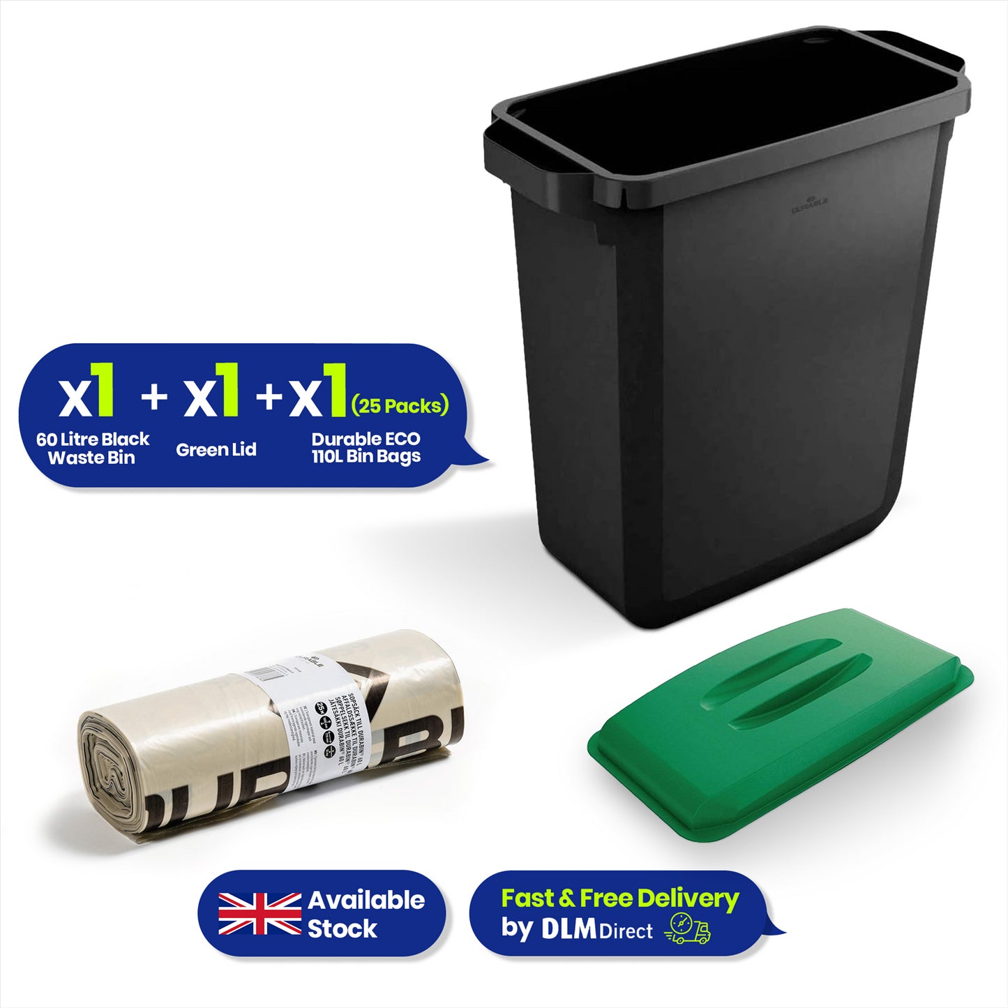 DURABIN 60L Black Bin Set and Green Lid and 25x 110L Recycled Bin Bags