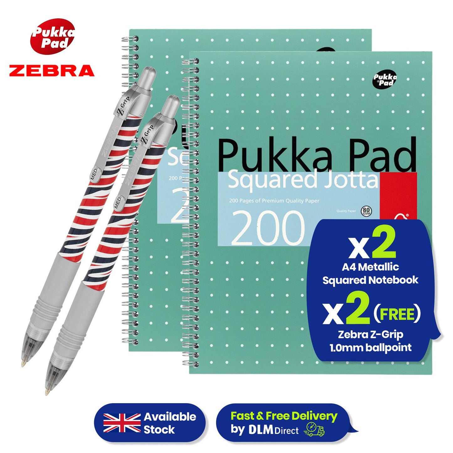 Pukka Pad A4 Metallic Squared 200 Page Notebook with Free Zebra Ballpoint