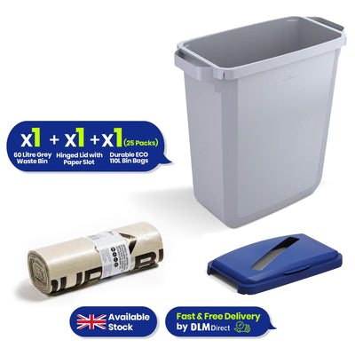 DURABIN 60L Grey Bin Set and Blue Hinged Lid with Paper Slot & 25x 110L Bin Bags