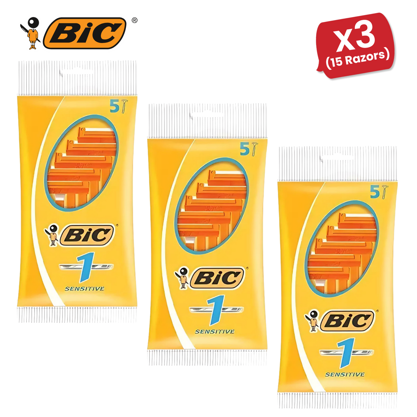 BiC Single Blade Sensitive Razors for Sensitive Skin, Everyday Use - Pack of 5