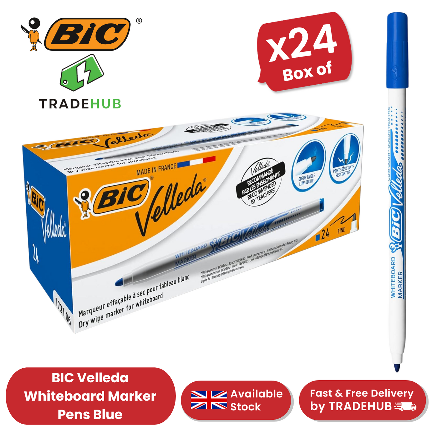 BIC Velleda 1721 Dry-Wipe Whiteboard Markers Blue - Pack of 24