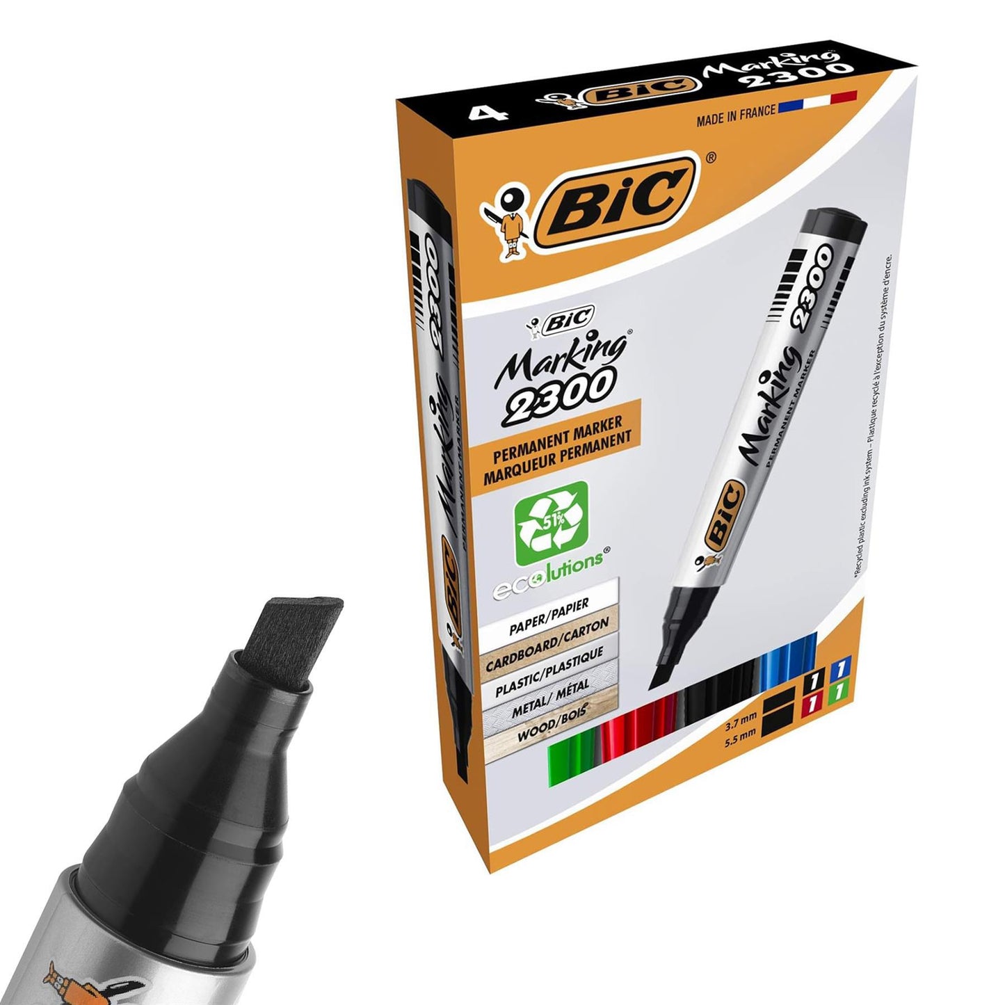 Bic 2300 Bullet Tip Permanent Marker Black, Blue, Red, Green) Pack of 4 Markers