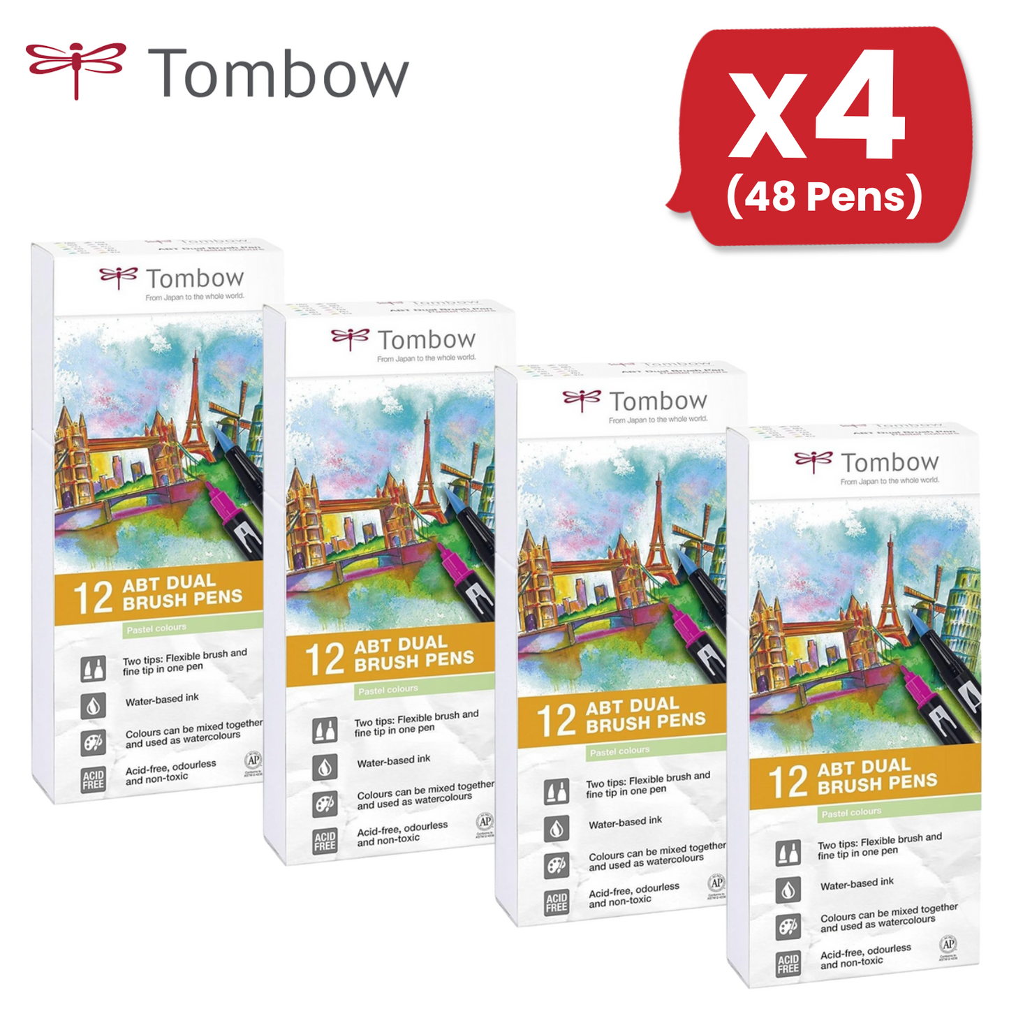 Tombow ABT Dual Brush Pens Pastel Colors Water-Based, Blendable - Pack of 12