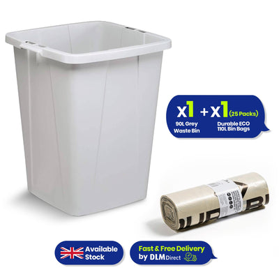 110L Bin Bags 25 Pack and 90L DURABIN Grey Waste Bin Bundle Strong Recycled Plastic Set