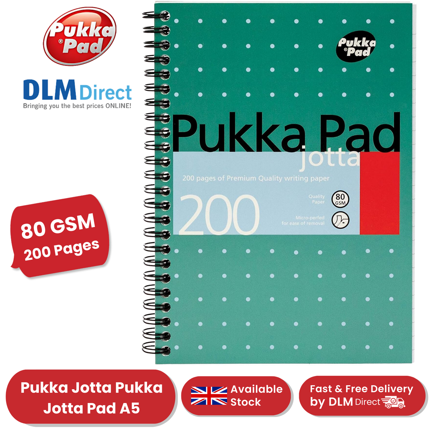 PUKKA WHITE A5 WIREBOUND PADS 200 page 80gsm (RULED/MARGIN) - PACK OF 1