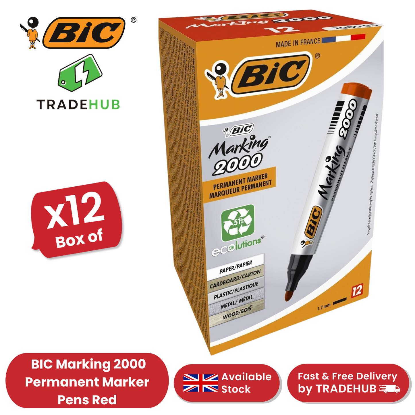 BIC Marking 2000 ECOlutions Permanent Bullet Tip Markers Red - 12 - 1 to 5 Packs