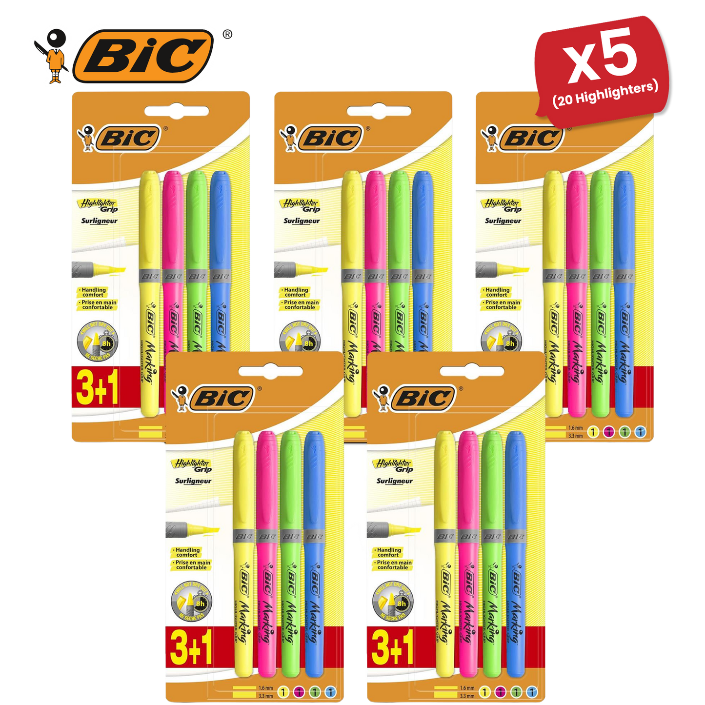 BIC Briteliner Grip Highlighters - Yellow/Blue/Green/Pink (Pack of 4)