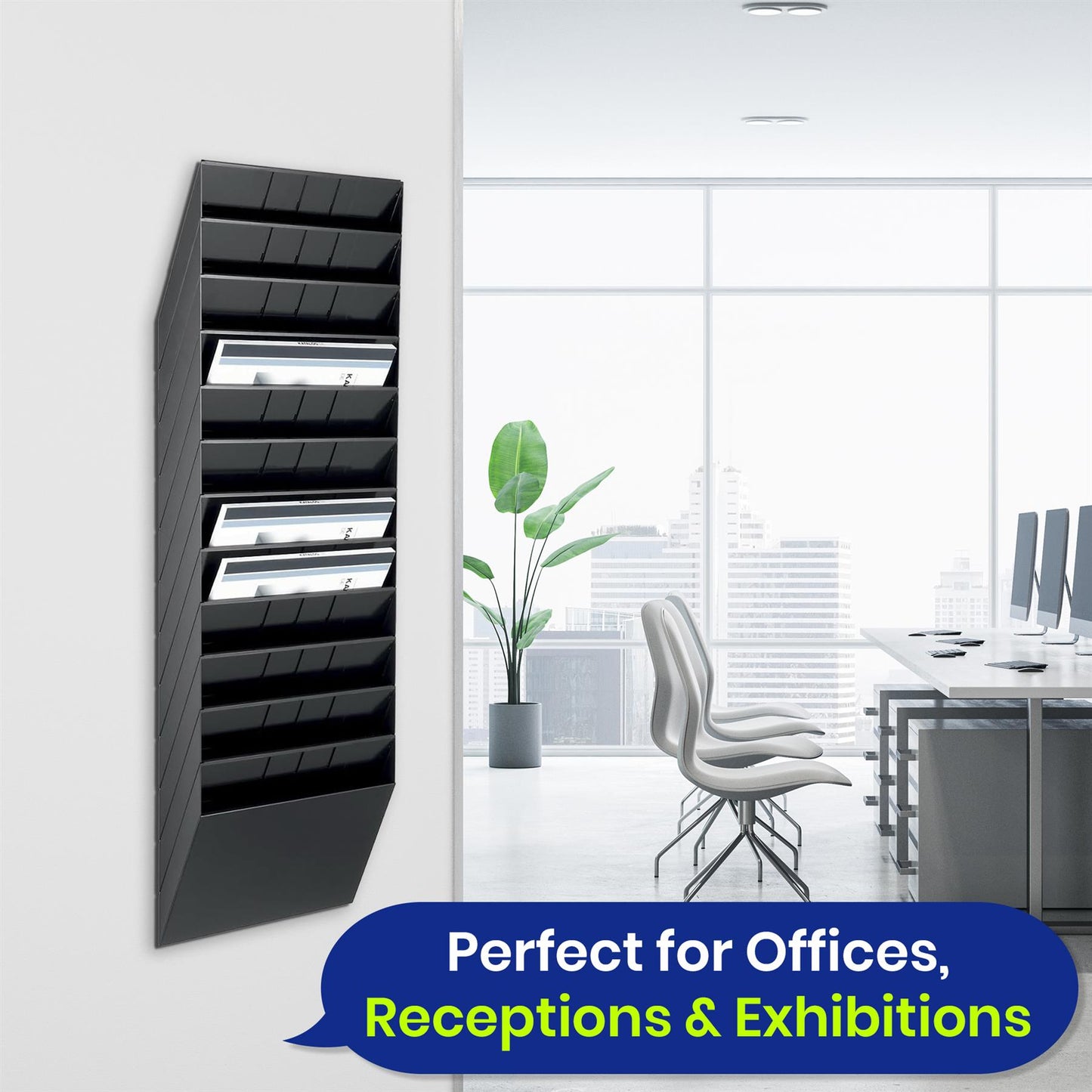 A4 Landscape Wall Mounted Document Holder with 12 Compartments for Flyers & Magazines