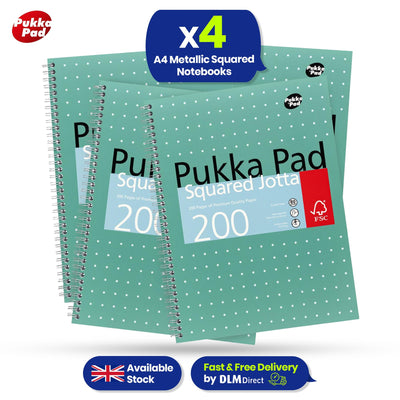 4x Pukka Pad A4 Metallic Squared & Lined Notebooks 200 Pages 80GSM Wirebound