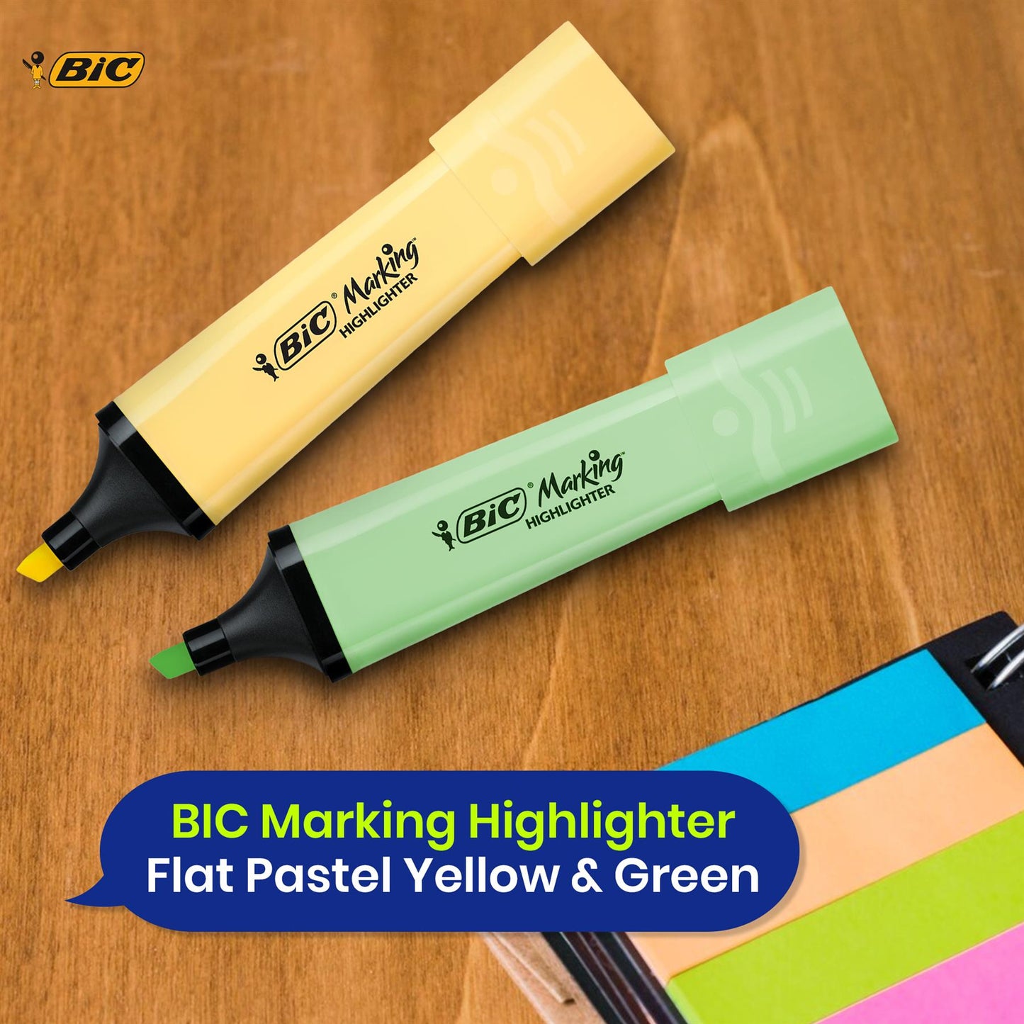 BIC 2x Marking Highlighter Flat Pastel Yellow & Green Modular Tip for Precise Highlighting