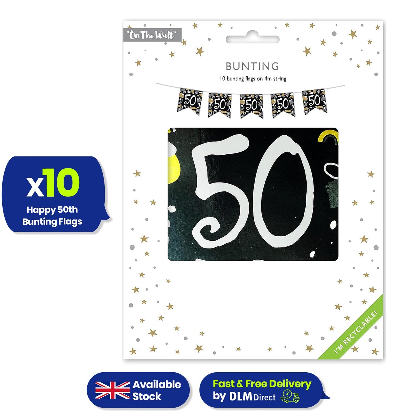 Happy 50th Birthday Black and White Bunting 4M Party Banner with 10 Flags Durable