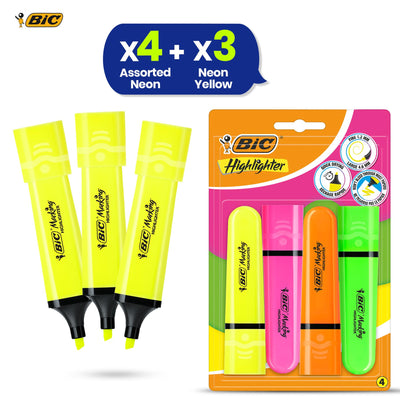 BIC Highlighter Flat Marker Neon Yellow Pack of 3 & 4x Assorted Chisel Tip Quick Dry