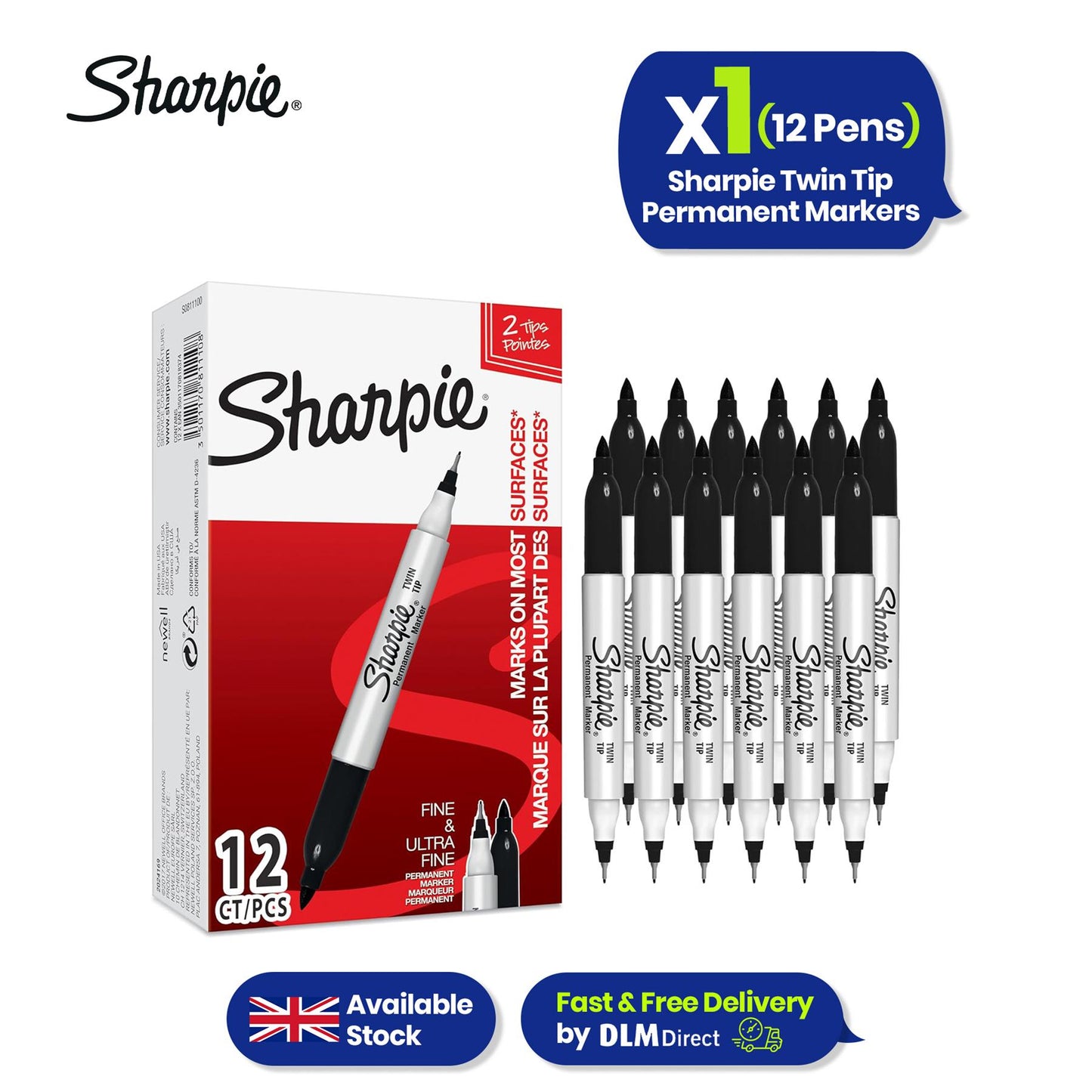 Sharpie Twin Tip Markers 12 Pack Black Ink Fine and Ultra-Fine Permanent Writing Pens