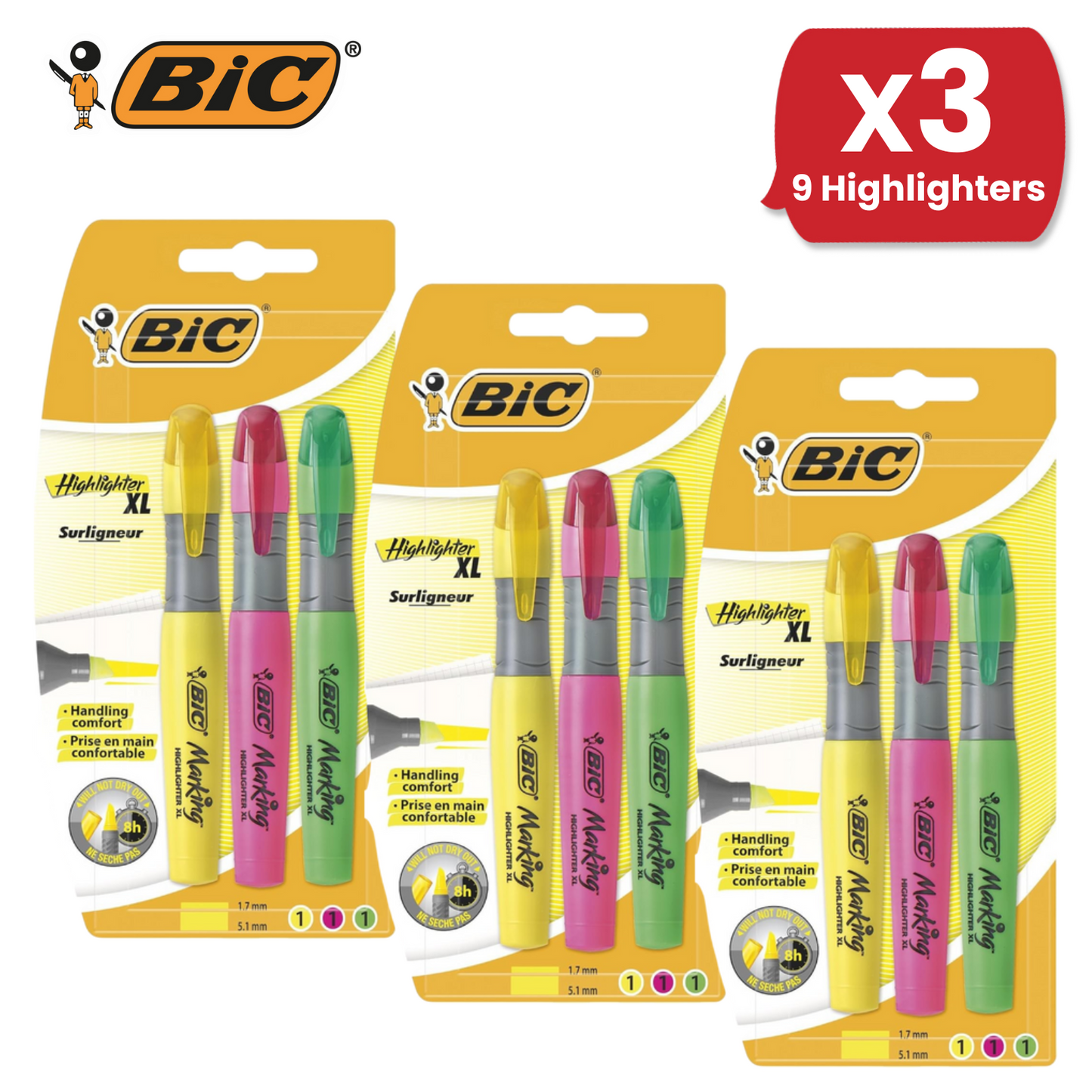 BIC Highlighters XL Assorted Fluorescent Colours 3 Pack