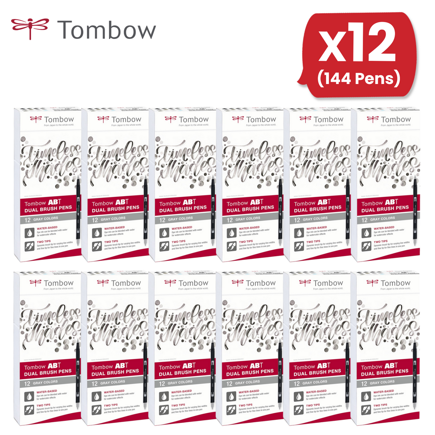 Tombow ABT Dual Brush Pen 2 tips Grey Tones Pack of 12 - 1 to 36 Packs