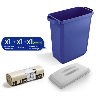 DURABIN 60L Blue Bin Set & Grey Lid and 25x 110L Recycled Bin Bags
