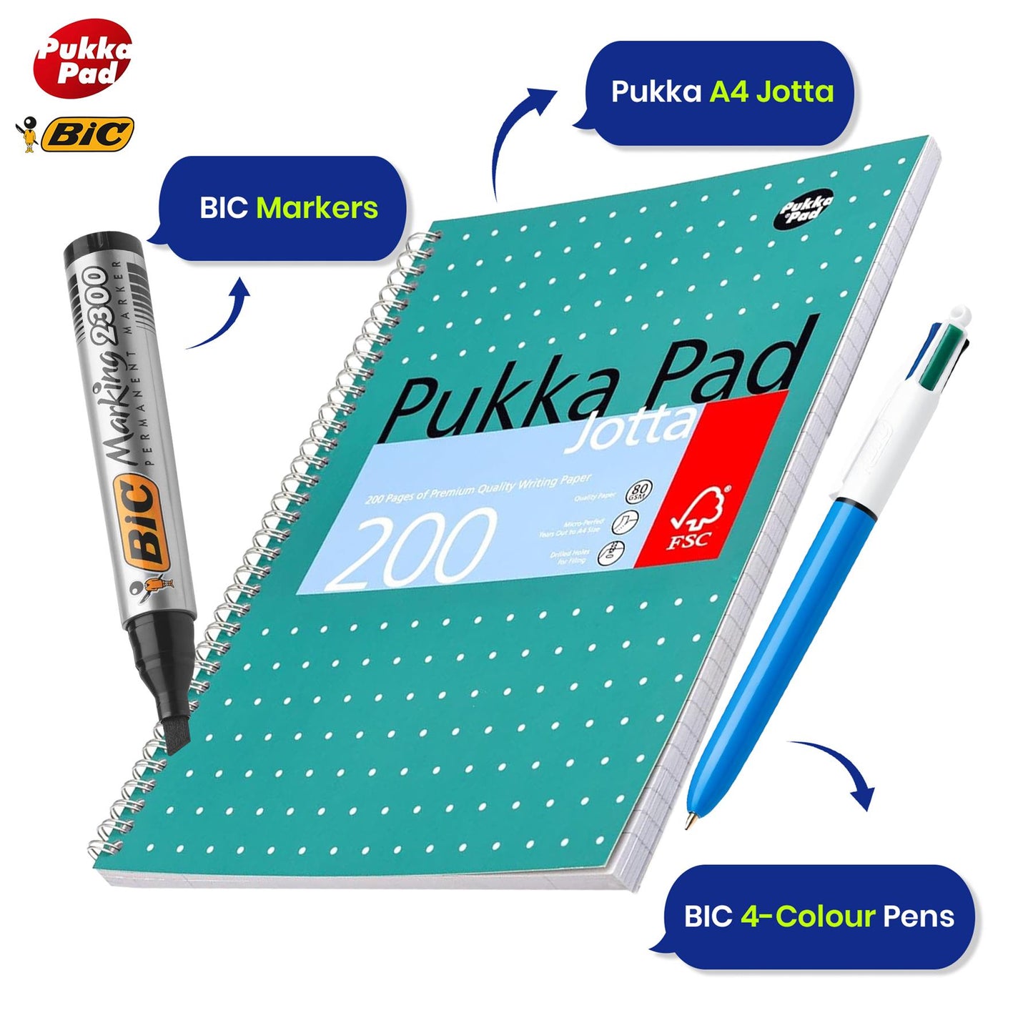 4 Colour Ballpoint Pens, Pukka Pad A4 Notebooks and BIC Markers Complete Stationery Set