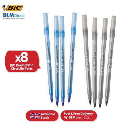 Bic Round Stic Ballpoint Pens 8 Pcs Blue & Black Biros 1mm Medium Tip Ballpoint for Work