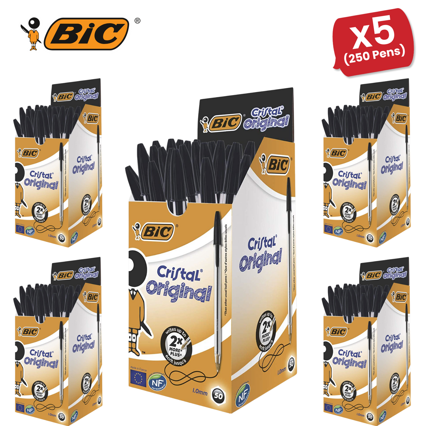 BIC CRISTAL MEDIUM BALL POINT PEN BLACK - BOX OF 50 - 1 to 5 Packs