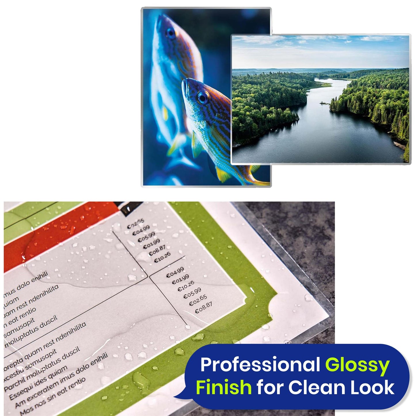Fellowes Laminating Pouches Gloss PET Film 100 Micron Laminate Surface High Clarity Spill Protection for Certificates Photos Documents Daily Home or Office Use