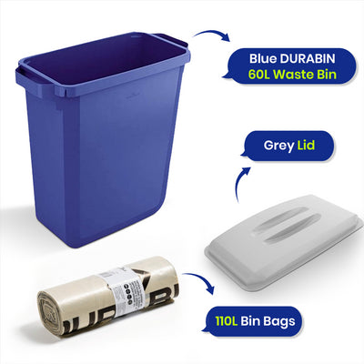DURABIN 60L Blue Bin Set & Grey Lid and 25x 110L Recycled Bin Bags