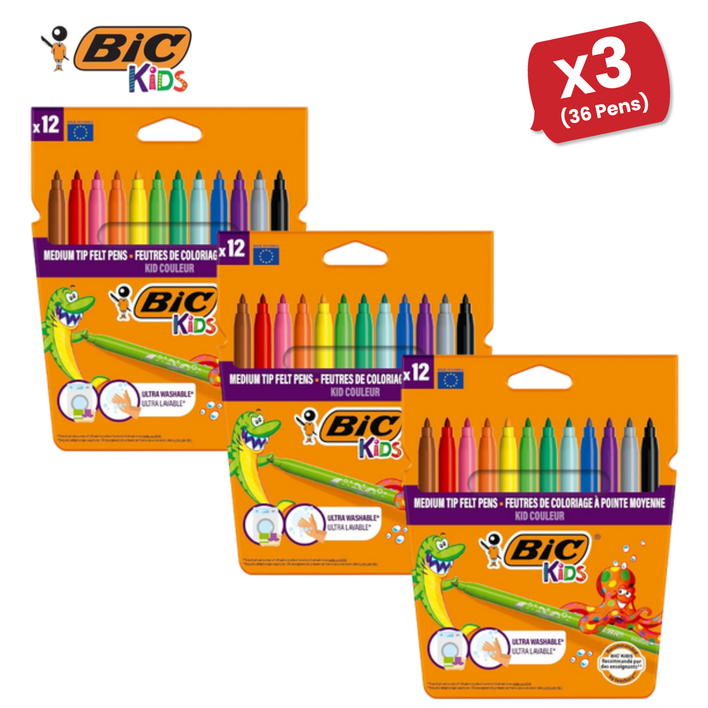 BIC Kids Kid Couleur Felt Medium Blocked Tip Colouring Pens - Pack of 12